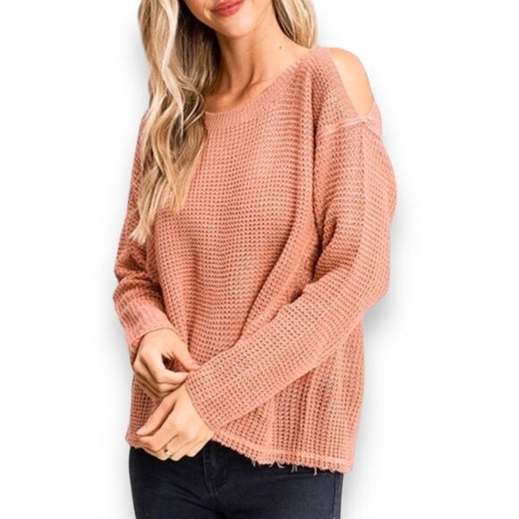 Dusty Rose Moonshine Open Shoulder Lightweight Distressed Waffle Sweater NEW - Picture 2 of 4